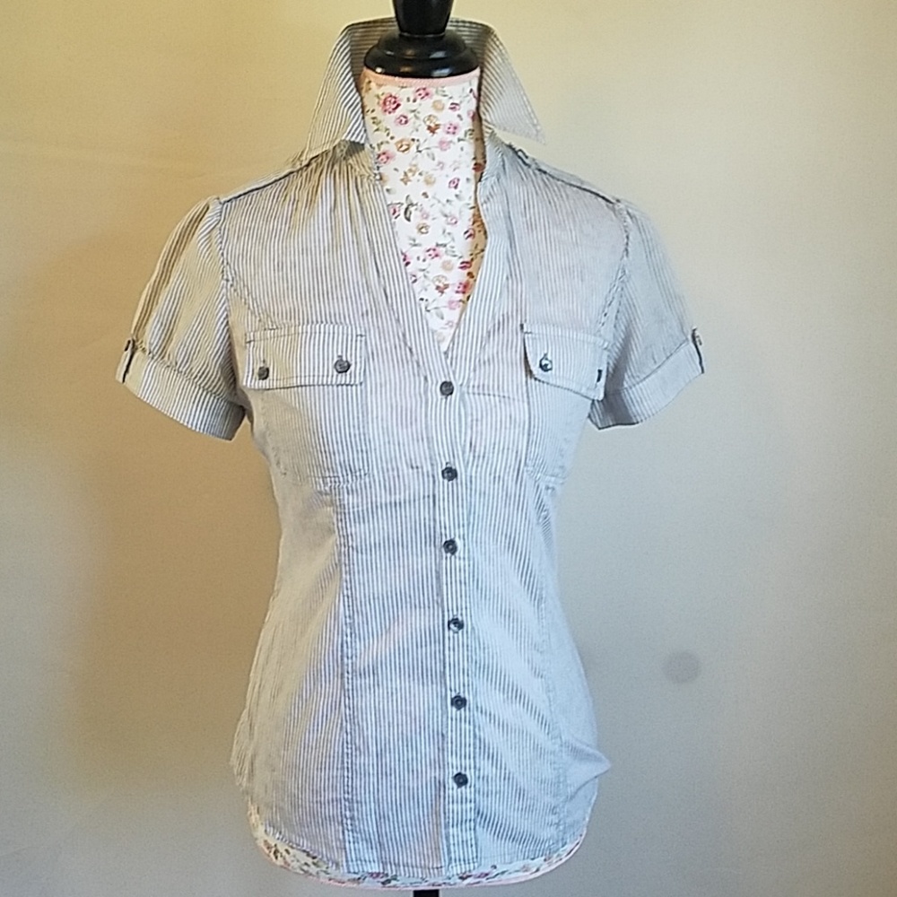 Expressoe sign studio Women’s top/blouse,short sleeves,white / gray pinstriped M - Picture 4 of 12